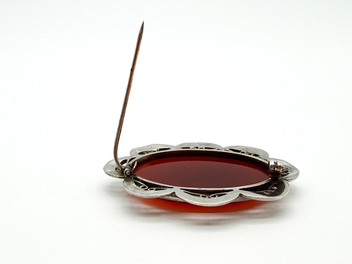 Vintage Carnelian Silver Plated Statement Brooch Oval Gemstone Scalloped Pin
