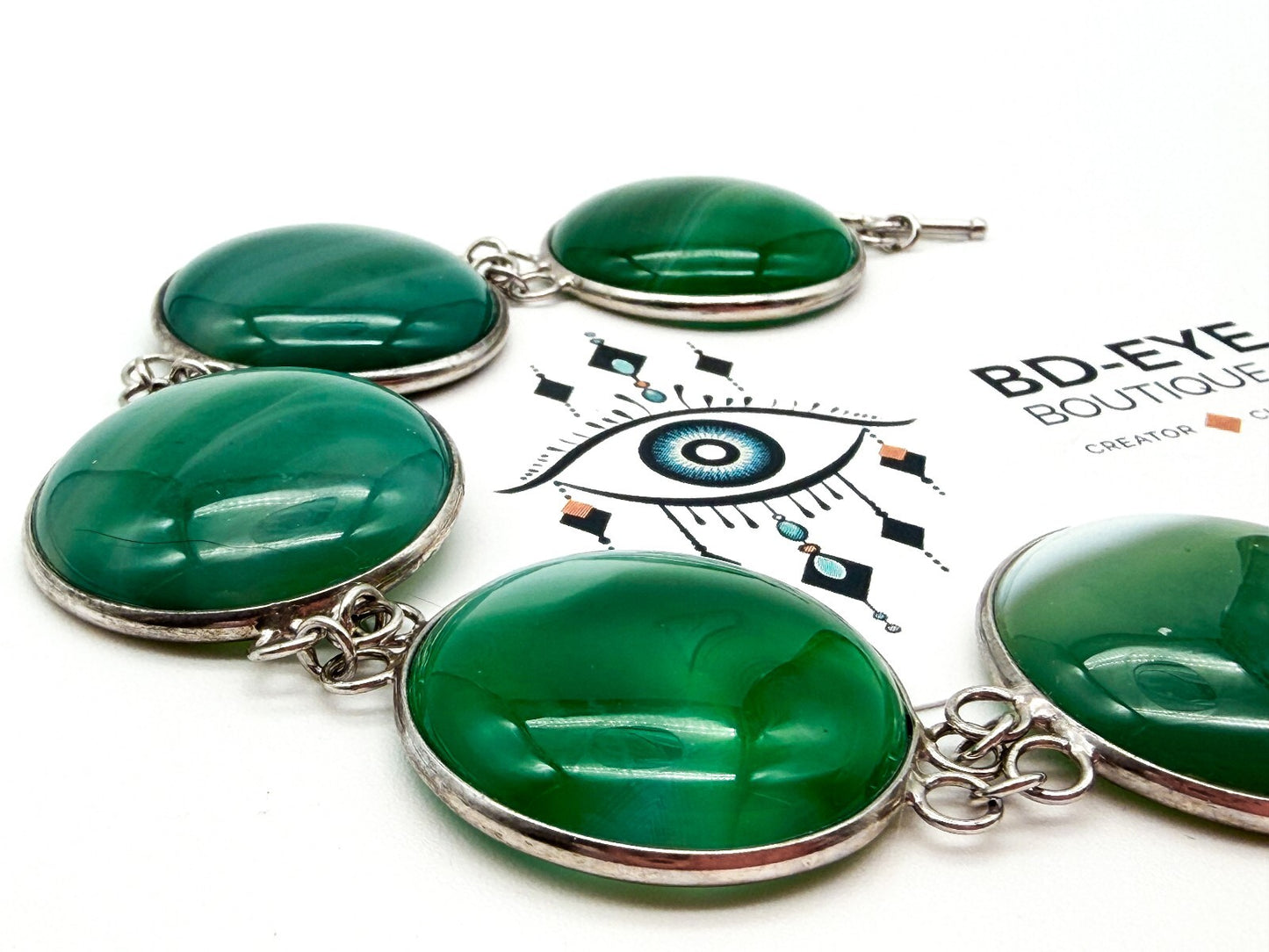 925 Sterling Silver Plated Green Agate Link Bracelet Open Bezel Gemstone Toggle