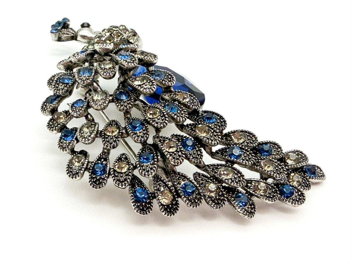 Peacock Rhinestone Brooch Blue Faceted Glass Bird Pin Silver Tone Statement