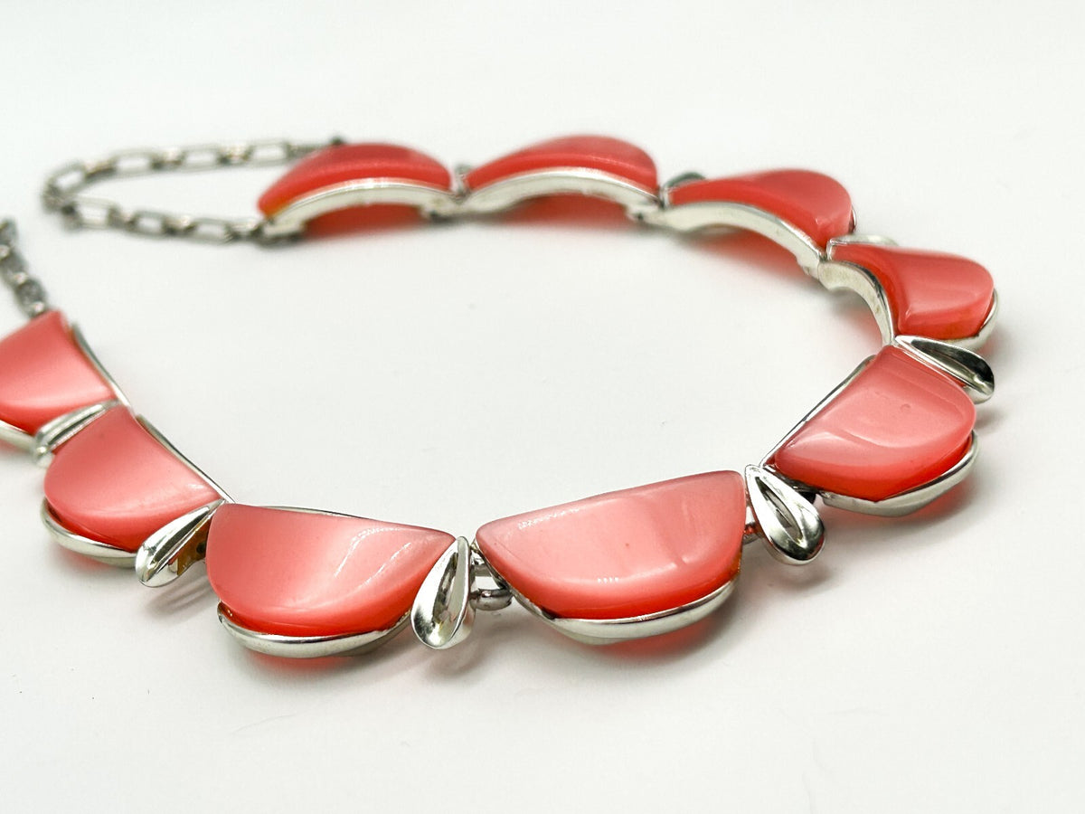 Vintage Star Signed Pink Thermoset Lucite Necklace 1950s Silver Tone Collar