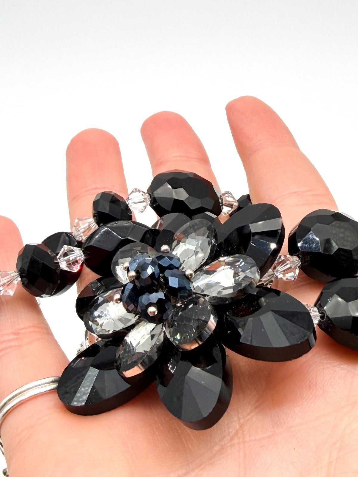 Black Crystal Flower Statement Necklace Earrings Set Faceted Glass Evening Wear