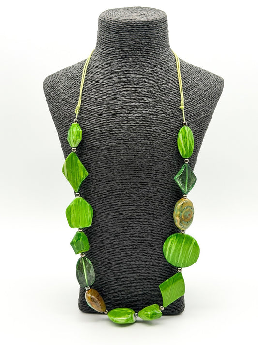 Chunky Lime Green Acrylic & Ceramic Statement Necklace Boho Cord Necklace