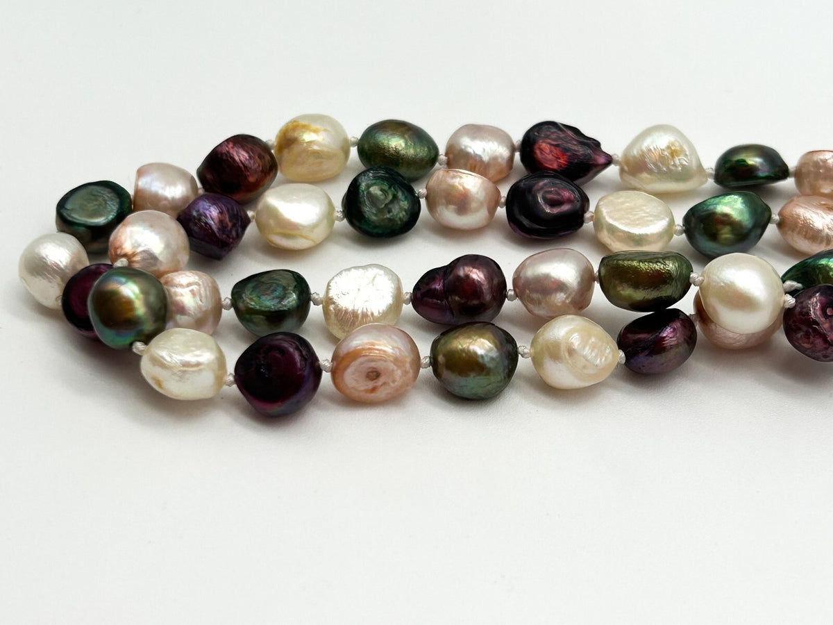Vintage Hand Knotted Cultured Freshwater Pearl Necklace Multicolour Baroque 23”