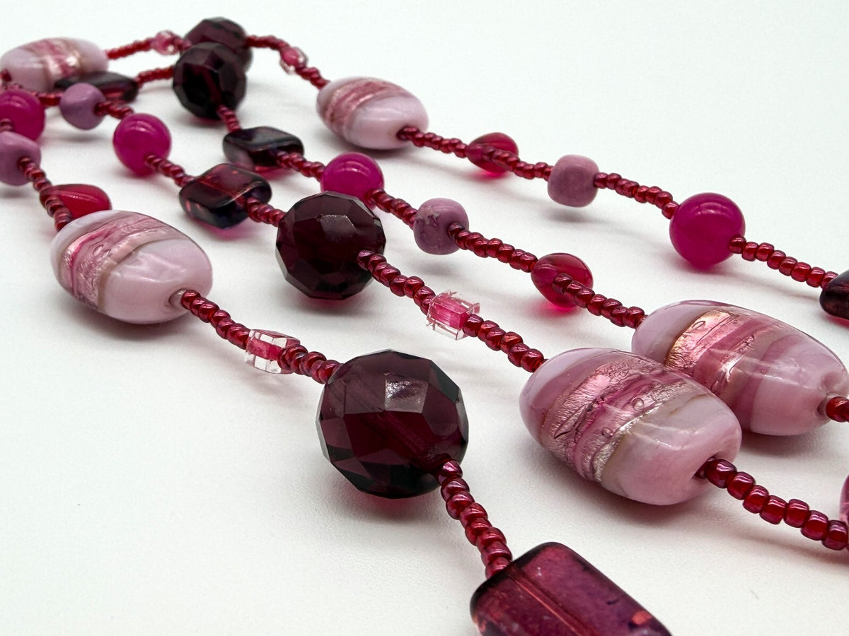 Murano Style Pink Art Glass Necklace Venetian Foil Beads Continuous Strand