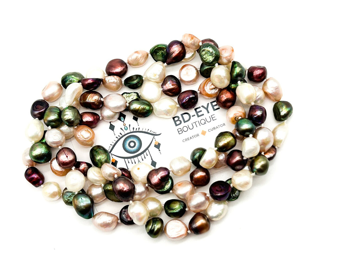 Vintage Hand Knotted Cultured Freshwater Pearl Necklace Multicolour Baroque 23”