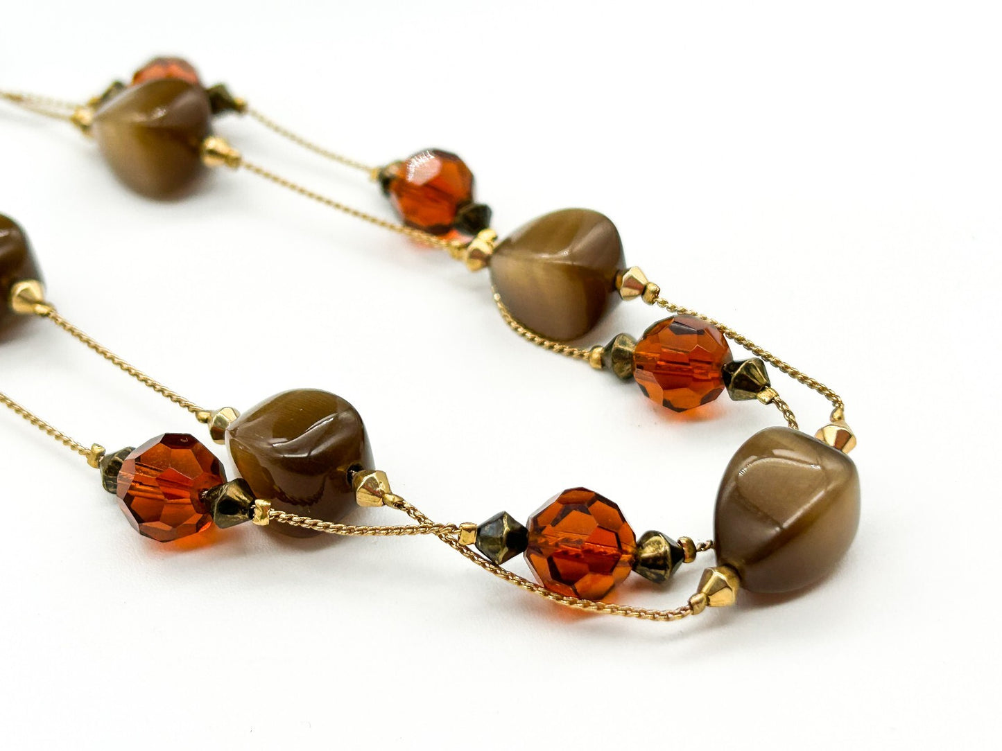 M&S Double Layer Cat’s Eye Glass Bead Necklace Brown Orange Gold Tone