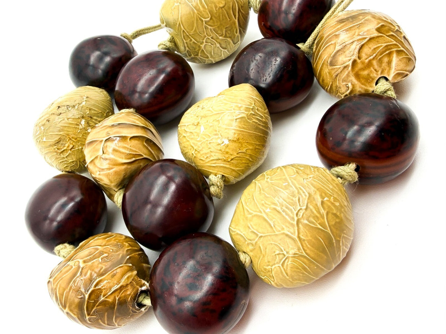 Kukui Nut Statement Necklace Brown Yellow Hand Knotted Adjustable Natural