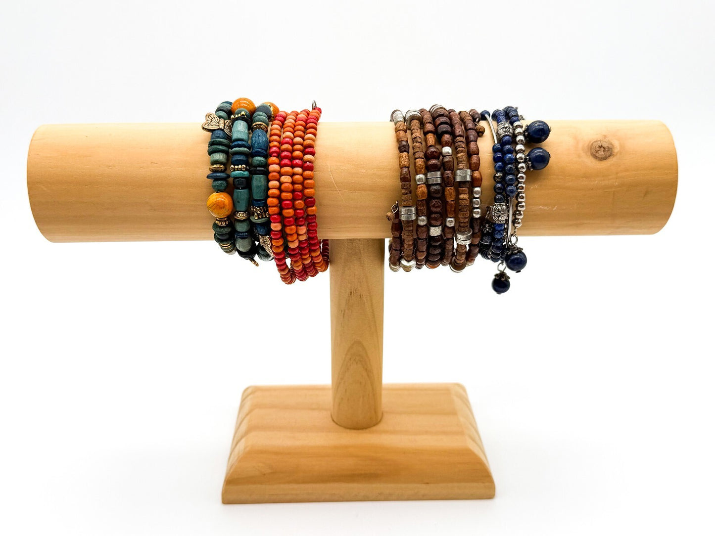Boho Memory Wire Bracelet Bundle Set 4 Lapis Lazuli Wood Beaded Stack Bracelets