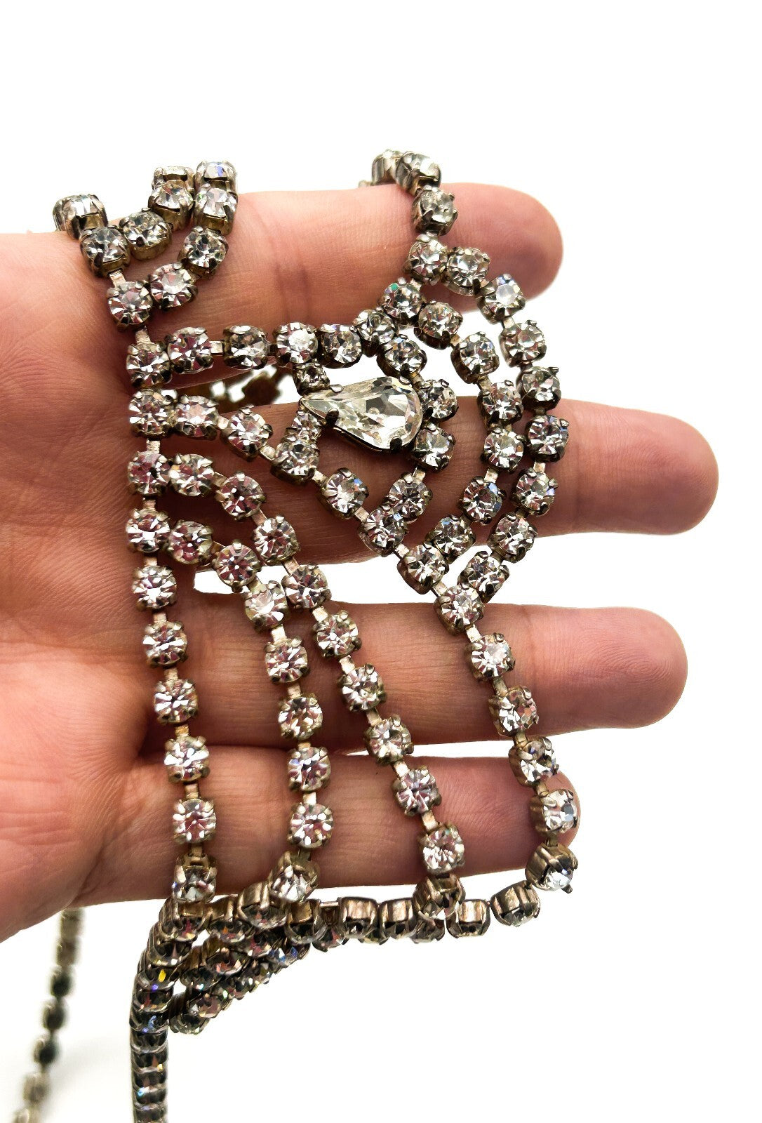 Vintage Rhinestone Bib Necklace Silver Tone Draped Cup Chain Bridal Statement