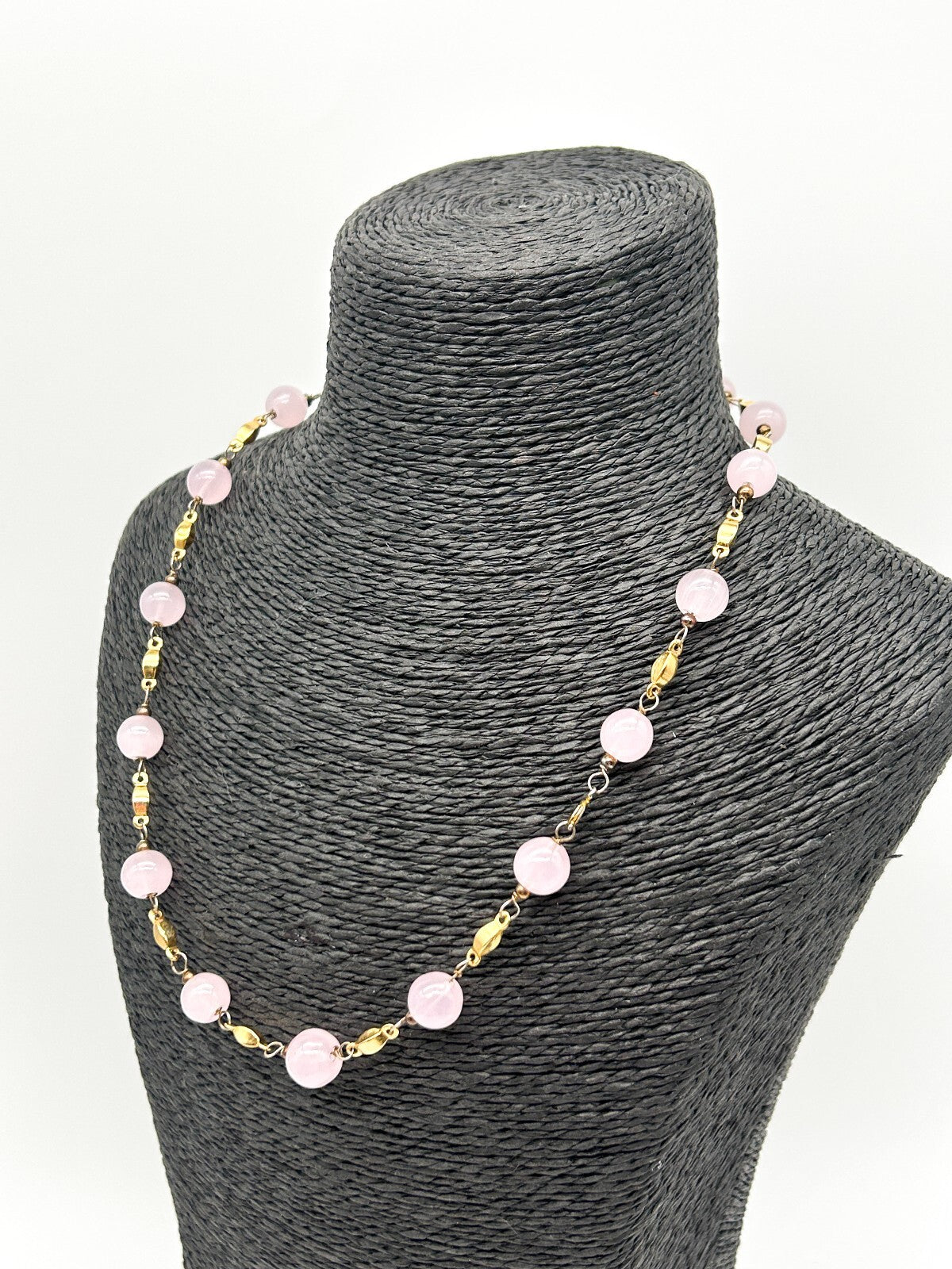 Vintage Pastel Pink Glass Bead Necklace Gold Tone Station Necklace 20”