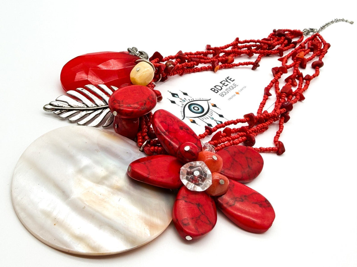 Red Coral Mother of Pearl Floral Necklace Multi Strand Boho Statement Flower