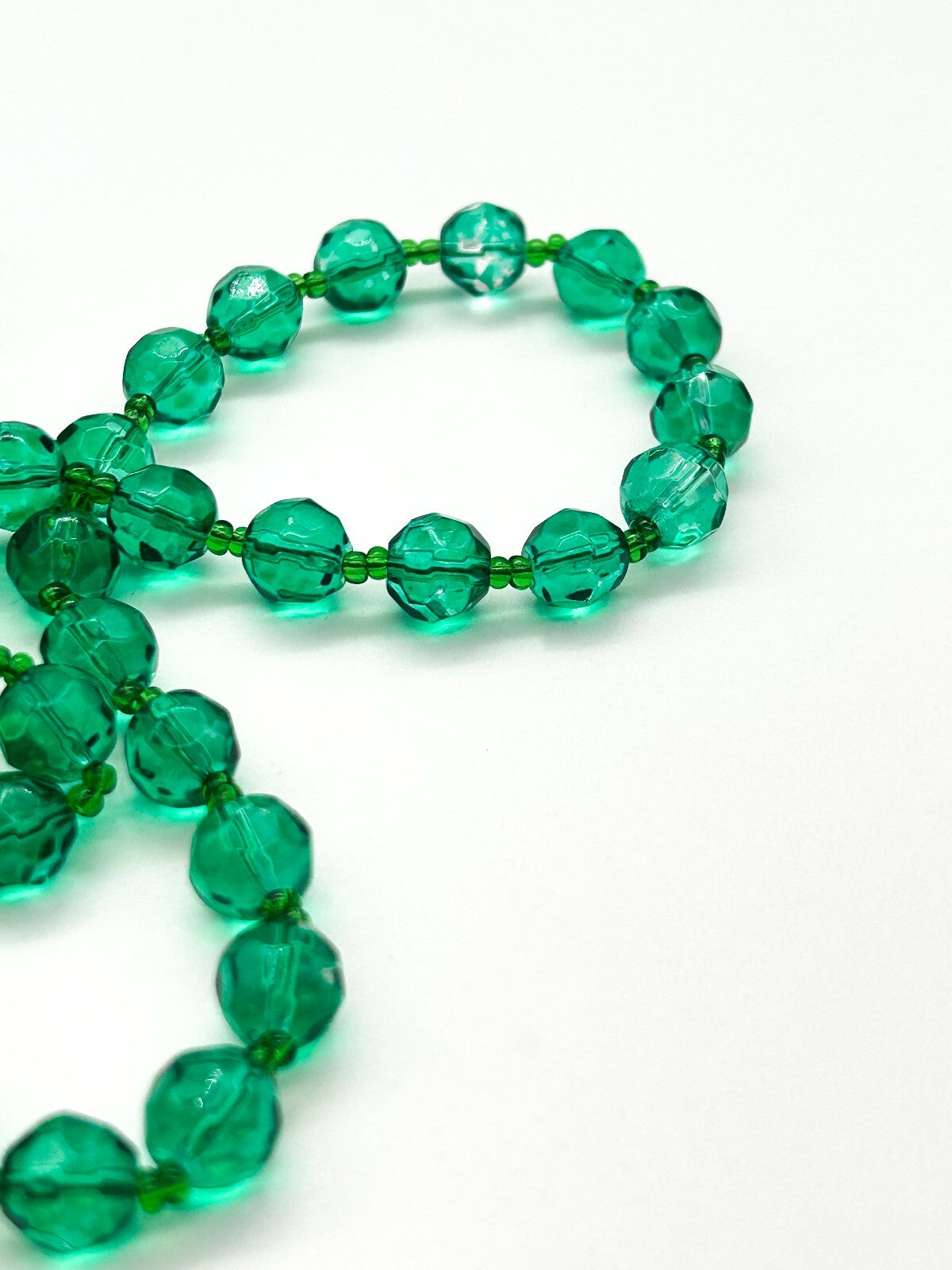 Long Emerald Green Faceted Glass Bead Necklace 39.5” Layering Statement Extender