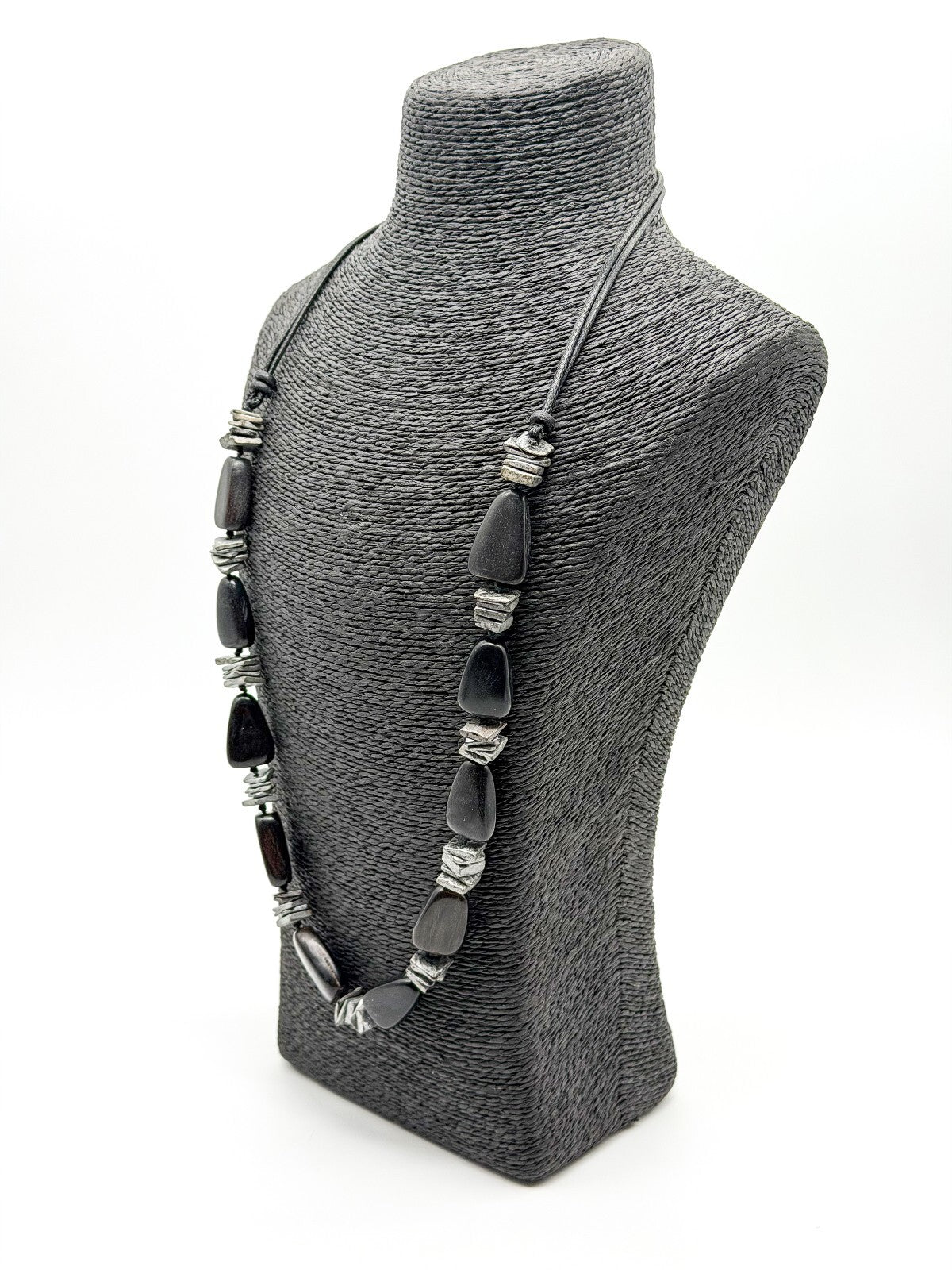 Shungite Gemstone Necklace Black Nugget Beads Silver Spacer Modern Statement