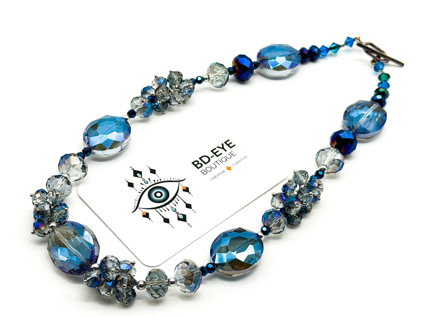 Midnight Blue Crystal Necklace AB Faceted Oval Beads Cha Cha Cluster Necklace