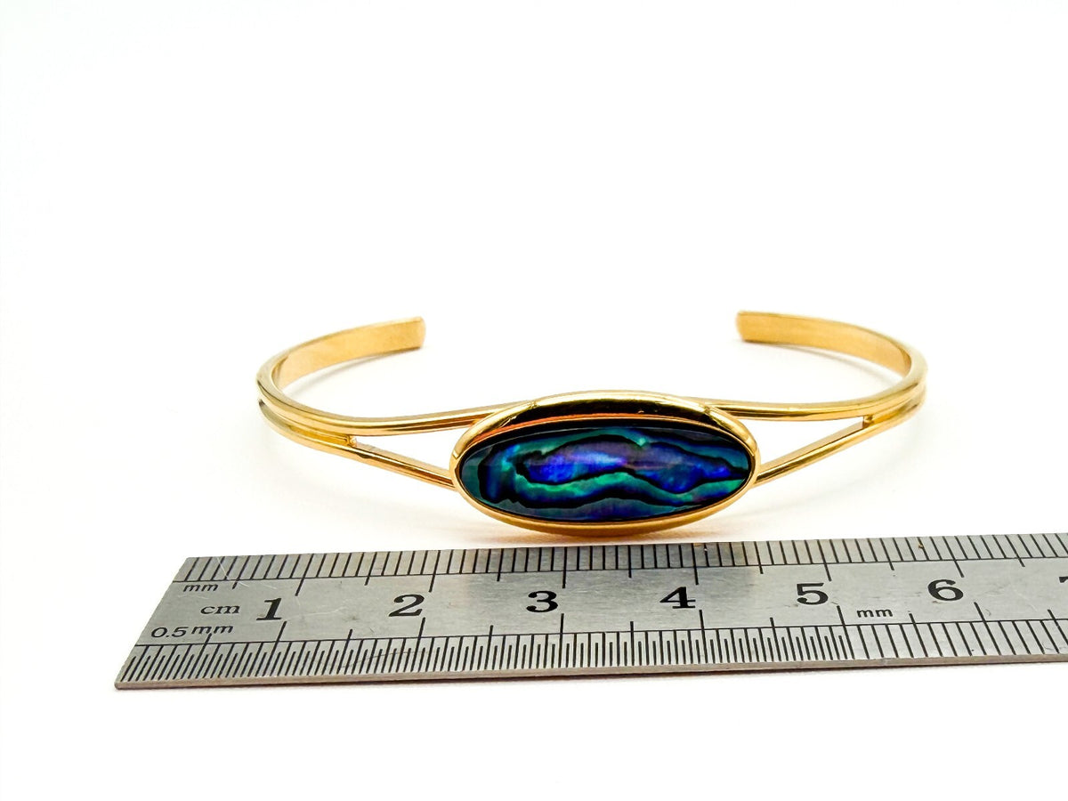 Gold Tone Abalone Paua Shell Torque Cuff Bangle Blue Green Iridescent Bracelet