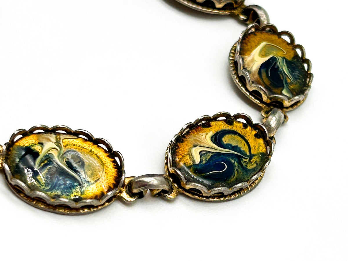 Vintage Enamel Panel Bracelet Gold Blue White Marbled Swirl Oval Bracelet 7.5”