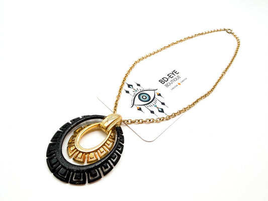 Vintage Black Gold Tone Greek Key Statement Necklace Oval Pendant 17” Geometric