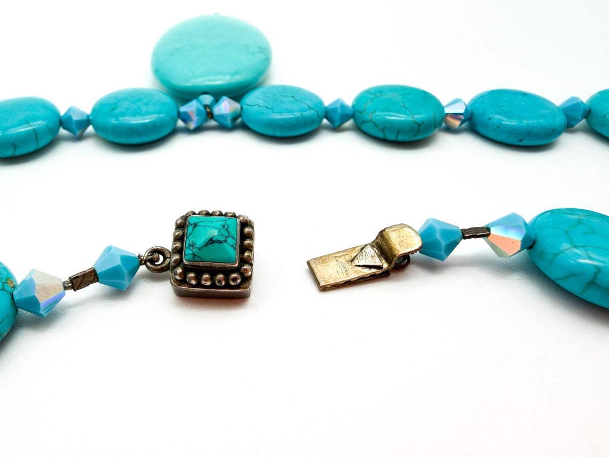 Turquoise Blue Magnesite Pendant Necklace AB Crystal Sterling Silver Box Clasp