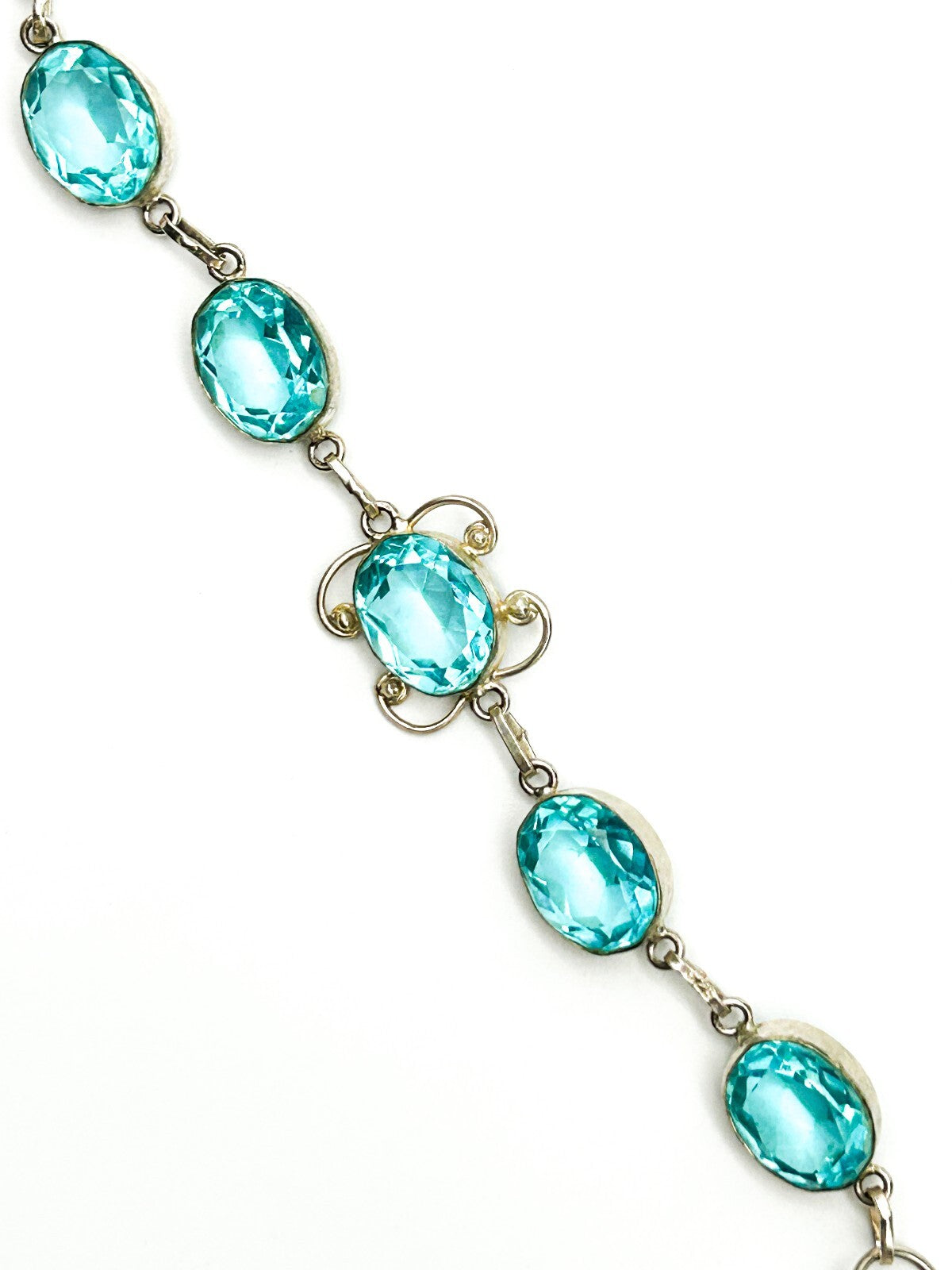 Vintage Aqua Blue Faceted Glass Cabochon Bracelet Silver Tone Open Back Bezel