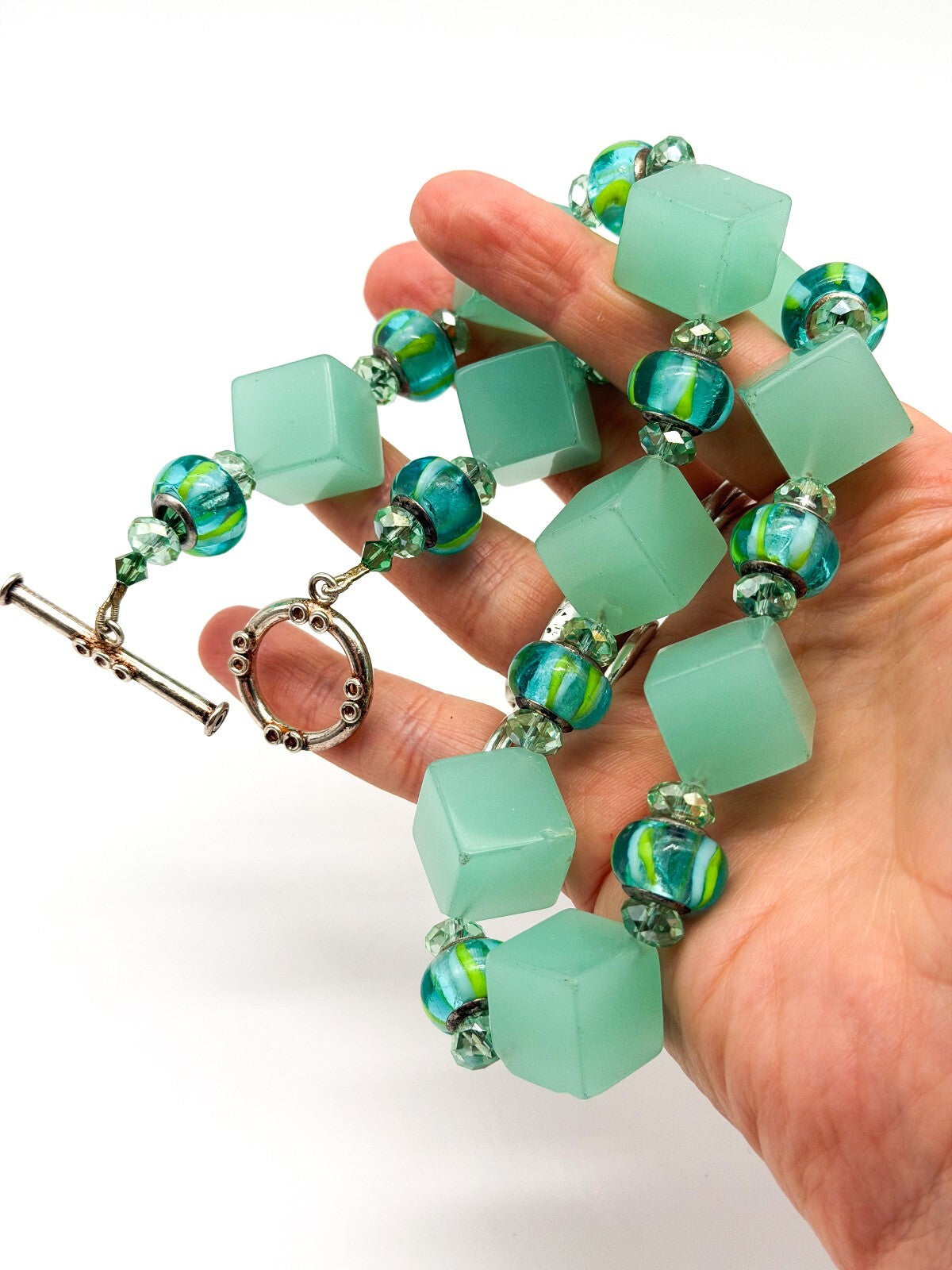 Chunky Mint Green Glass Statement Necklace Lampwork Glass Toggle Clasp