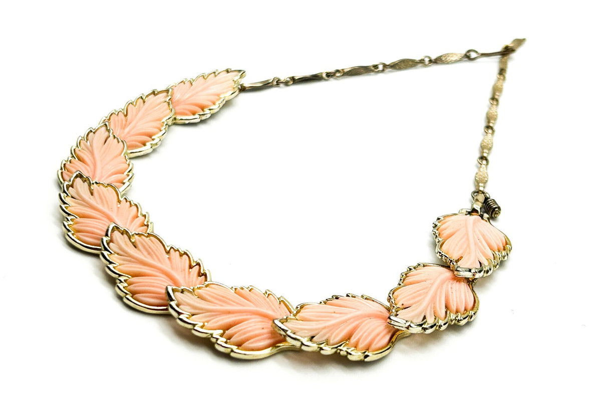 Vintage Pink Thermoset Lucite Leaf Necklace Silver Tone Articulated Leaves