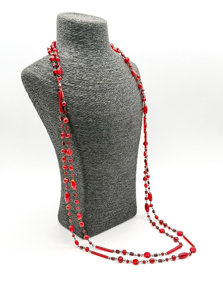 Vintage Red Glass Tube Disc & Oval Bead Necklace Long Layering Continuous Strand