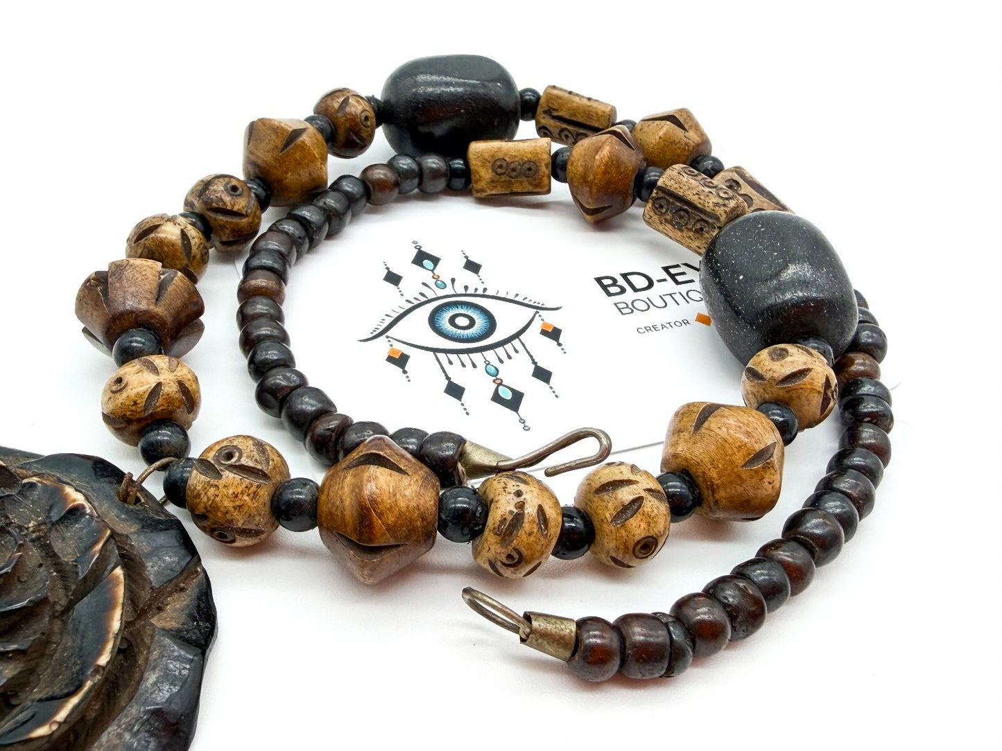 Vintage Boho Carved Organic Material Tribal Necklace Wood Bead Flower Pendant