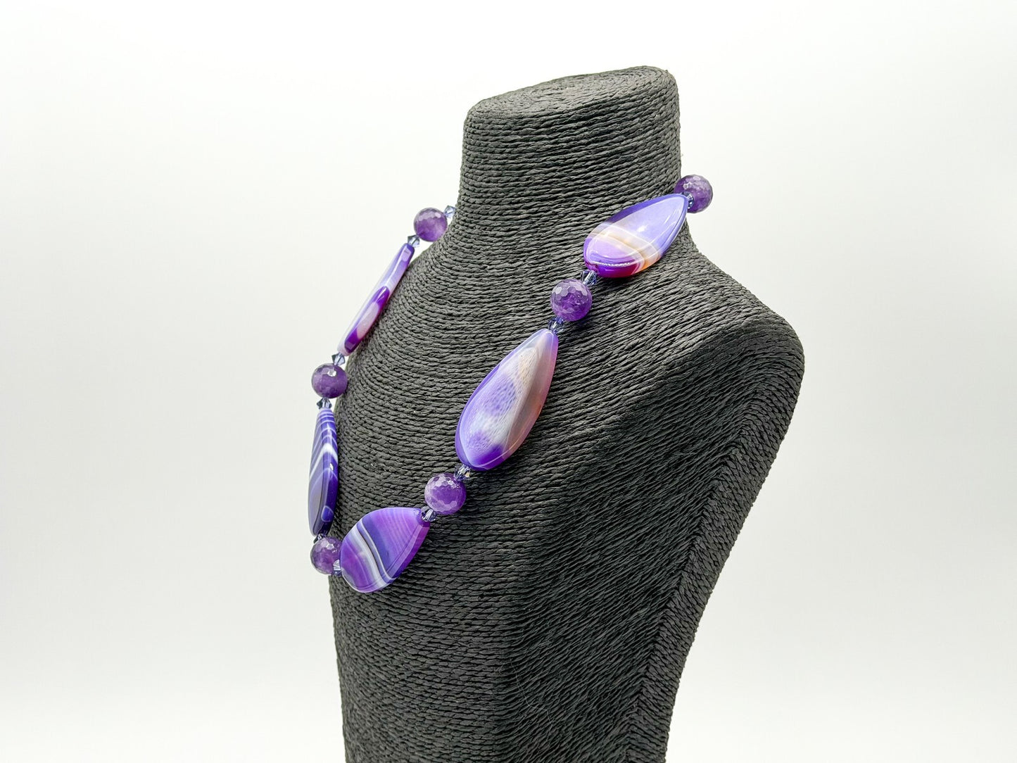 Chunky Amethyst & Purple Banded Agate Gemstone Necklace Faceted Crystal Beads