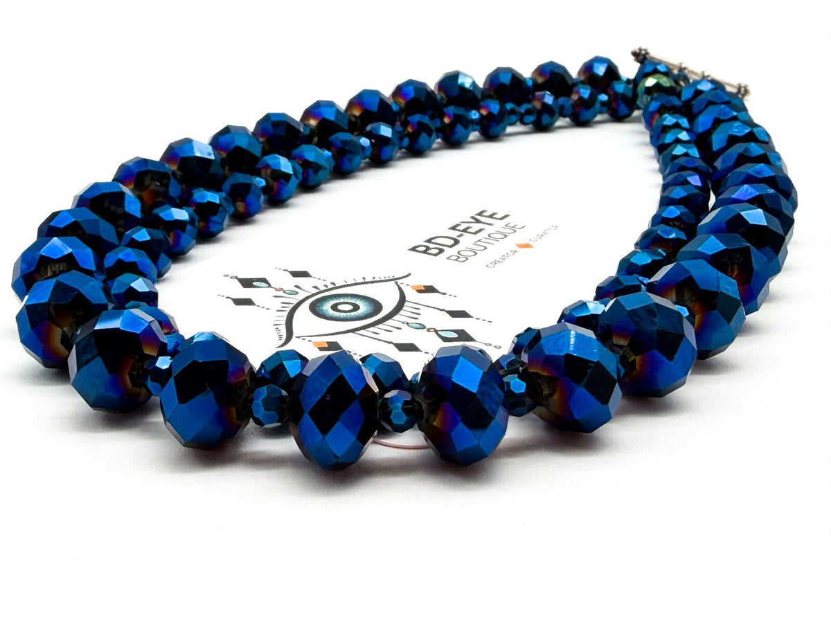 Multi Strand Blue Purple Iridescent Oil Slick Glass Beaded Necklace 925 Toggle