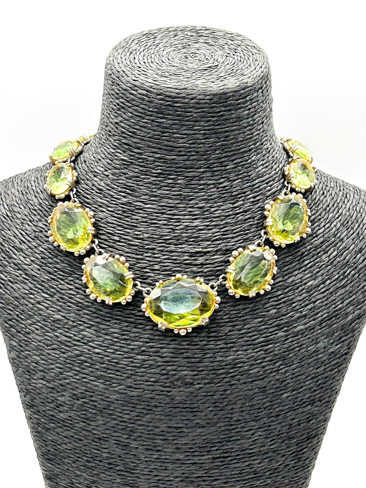 Vintage Lime Green Yellow Faceted Glass Statement Necklace Prong Oval Crystal