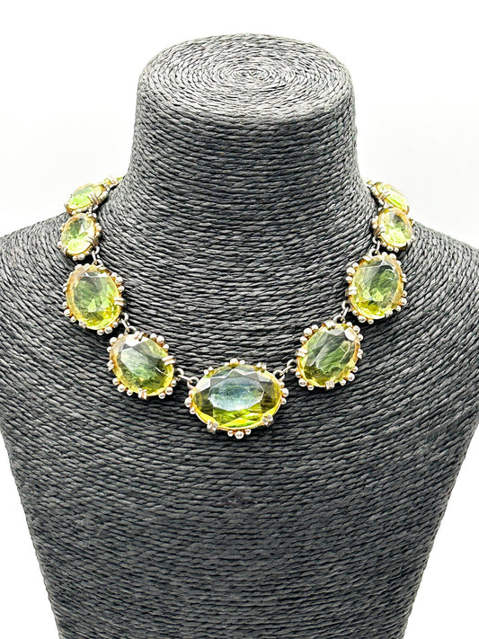 Vintage Lime Green Yellow Faceted Glass Statement Necklace Prong Oval Crystal