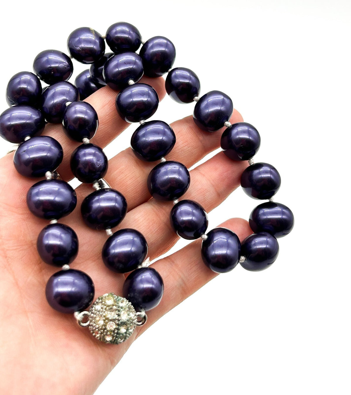 Vintage Chunky Purple Glass Faux Pearl Necklace Hand Knotted Magnetic Clasp