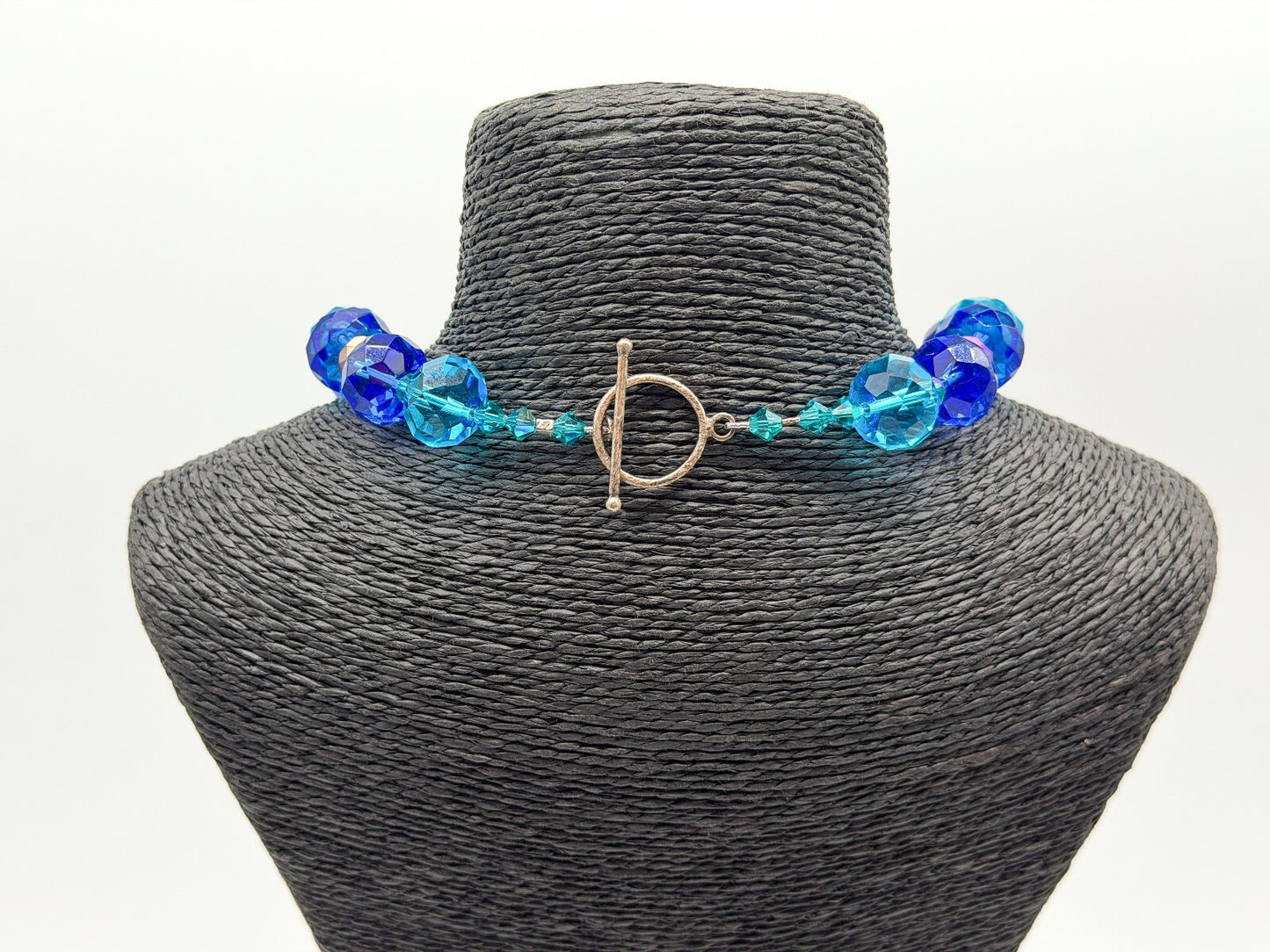 Chunky Cobalt Blue Turquoise Faceted Glass Statement Necklace Toggle 17.5”