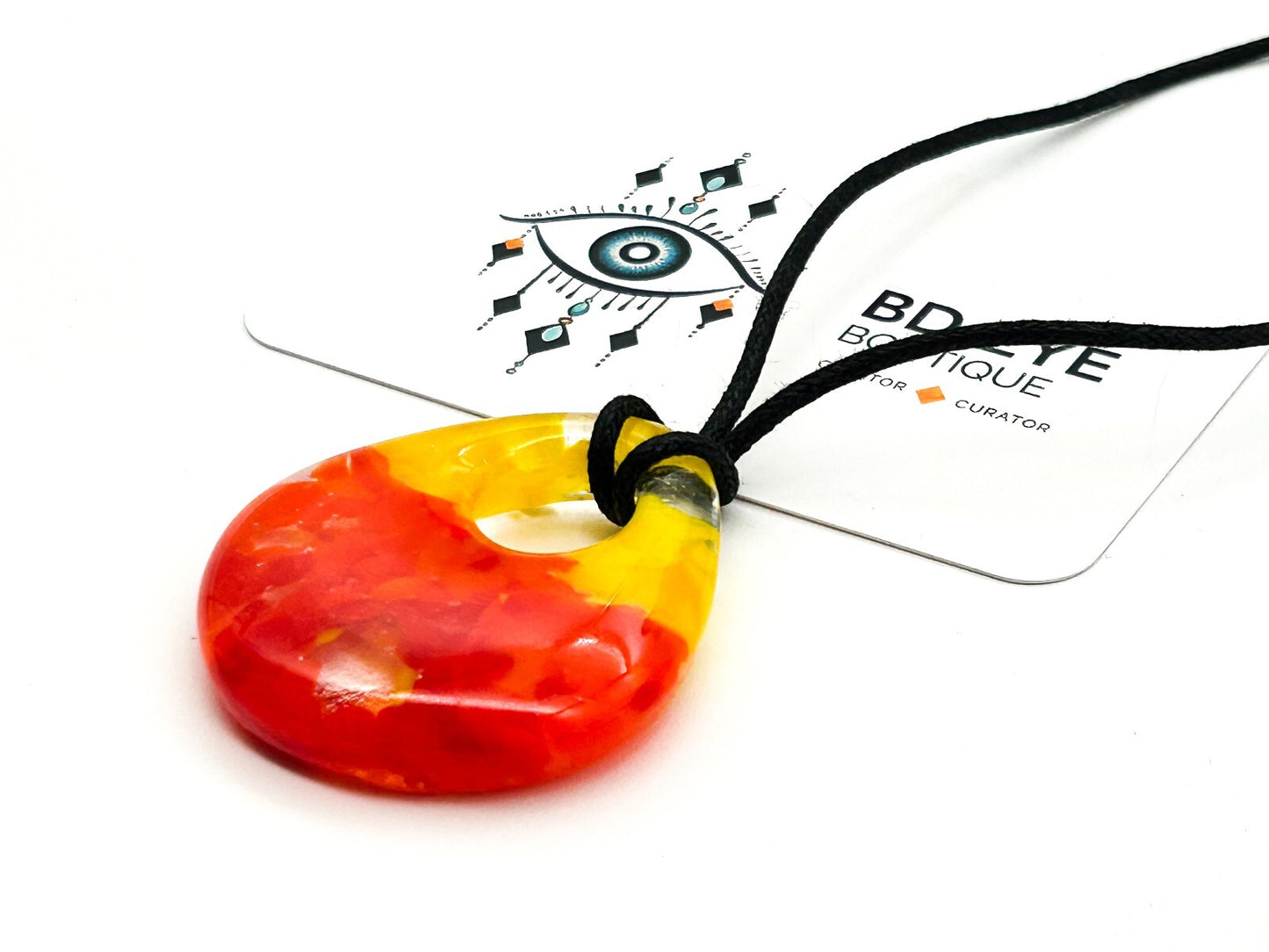 Art Glass Pendant Necklace Yellow Orange Abstract Glass Contemporary Black Cord