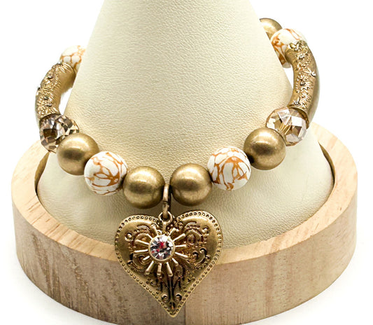 Signed Bibi Bijoux Ornate Heart Charm Bracelet Gold Tone Crystal Marble Stretch