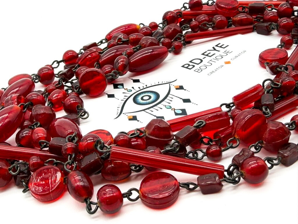 Vintage Red Glass Tube Disc & Oval Bead Necklace Long Layering Continuous Strand