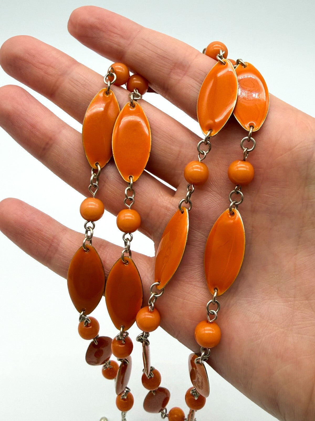 Retro Long Orange Acrylic Link Necklace Marquise Beads Silver Tone 31.5”