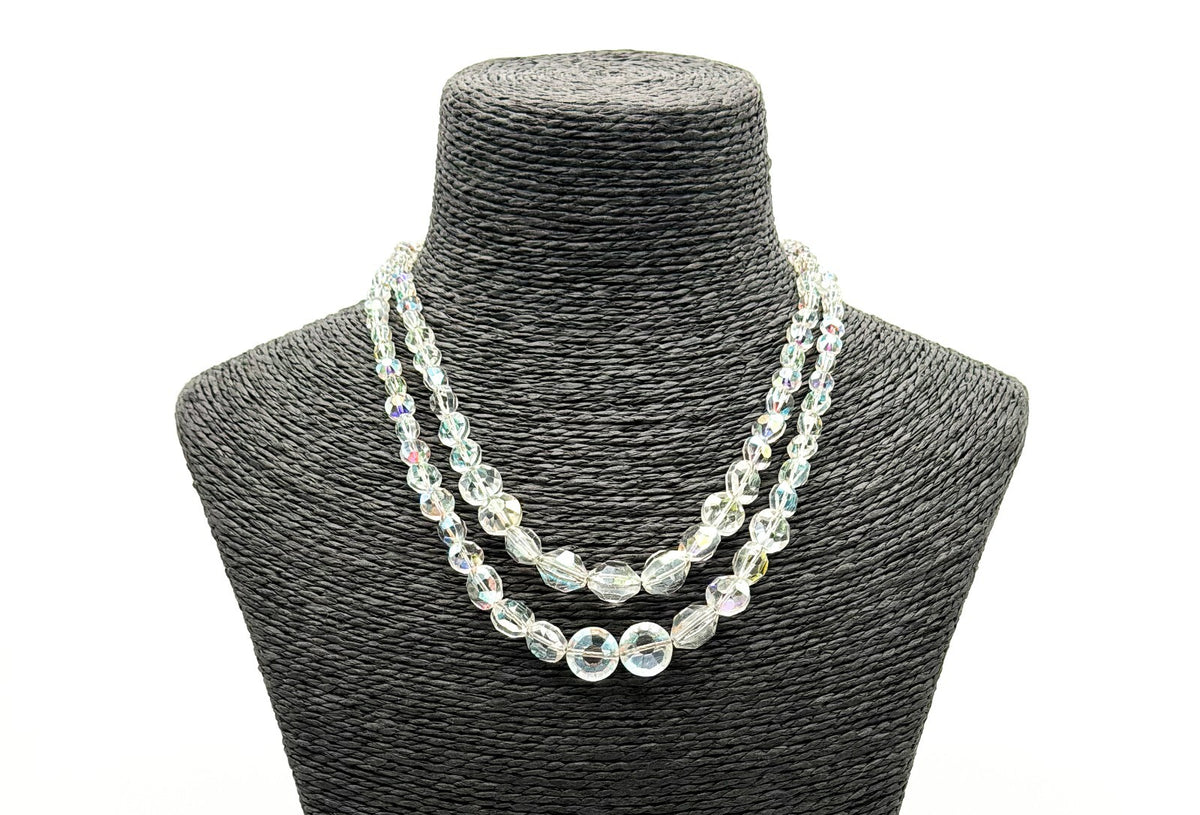 Vintage Aurora Borealis Crystal Glass Double Strand Necklace Rhinestone Clasp