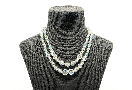 Vintage Aurora Borealis Crystal Glass Double Strand Necklace Rhinestone Clasp