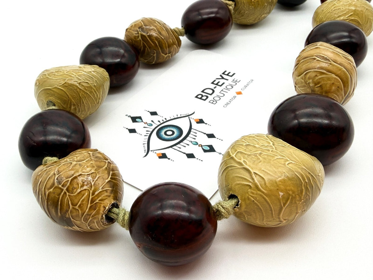 Kukui Nut Statement Necklace Brown Yellow Hand Knotted Adjustable Natural