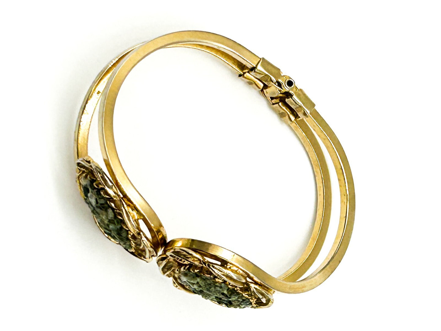 Vintage Gold Tone Faux Jade Glass Clamper Bangle Hinged Bracelet