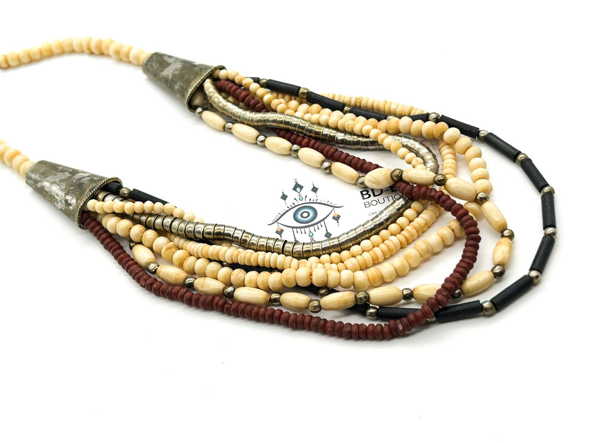 Vintage 7 Strand Organic Bead Necklace Black Cream Red Boho Statement
