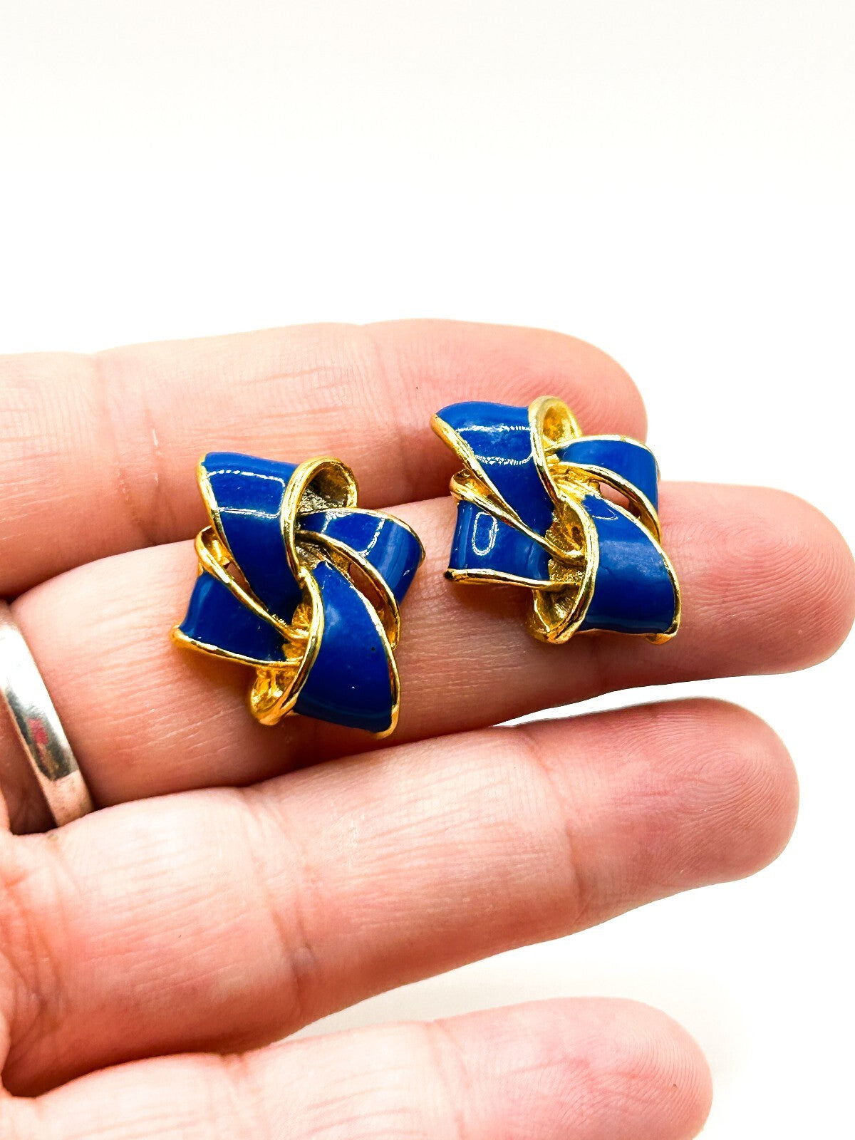 Vintage Blue Enamel Ribbon Knot Stud Earrings Gold Tone Cobalt Turquoise