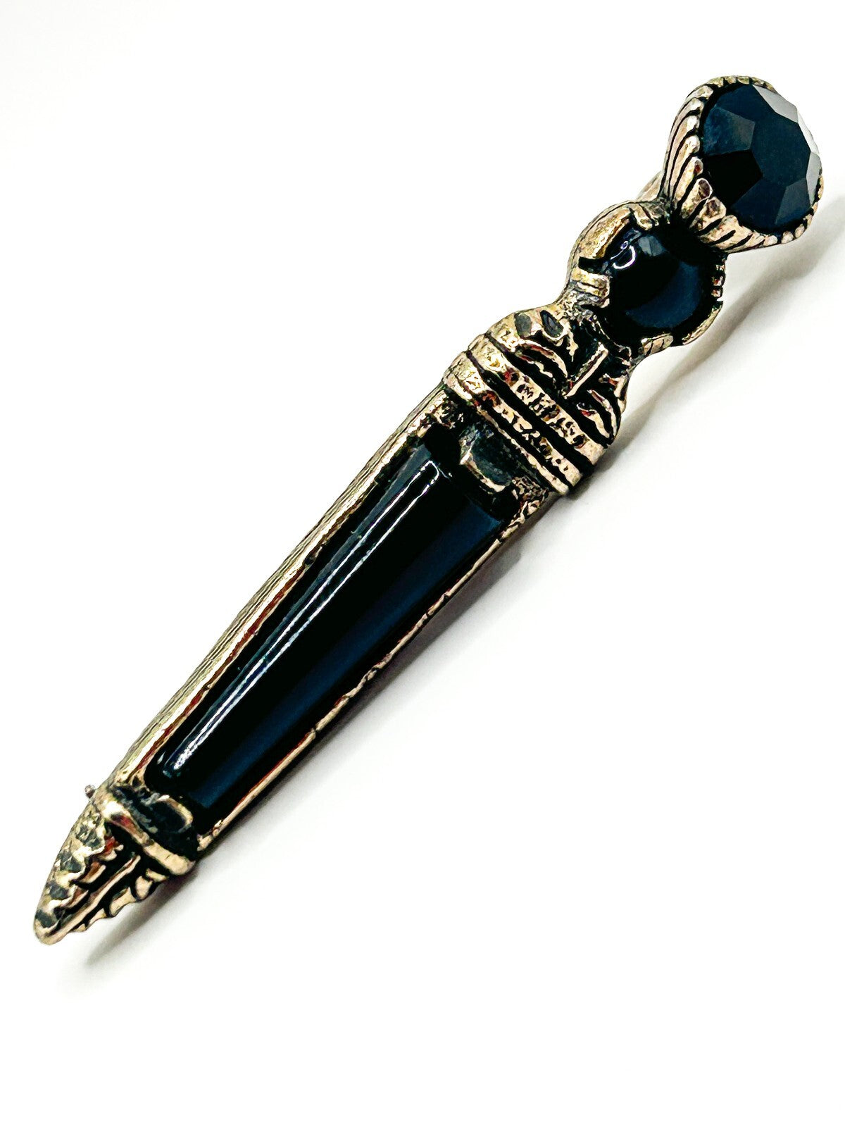 Vintage Miracle Black Glass Kilt Pin Brooch Antiqued Gold Tone Signed