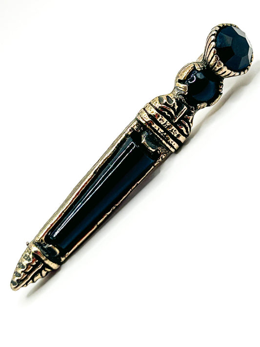 Vintage Miracle Black Glass Kilt Pin Brooch Antiqued Gold Tone Signed