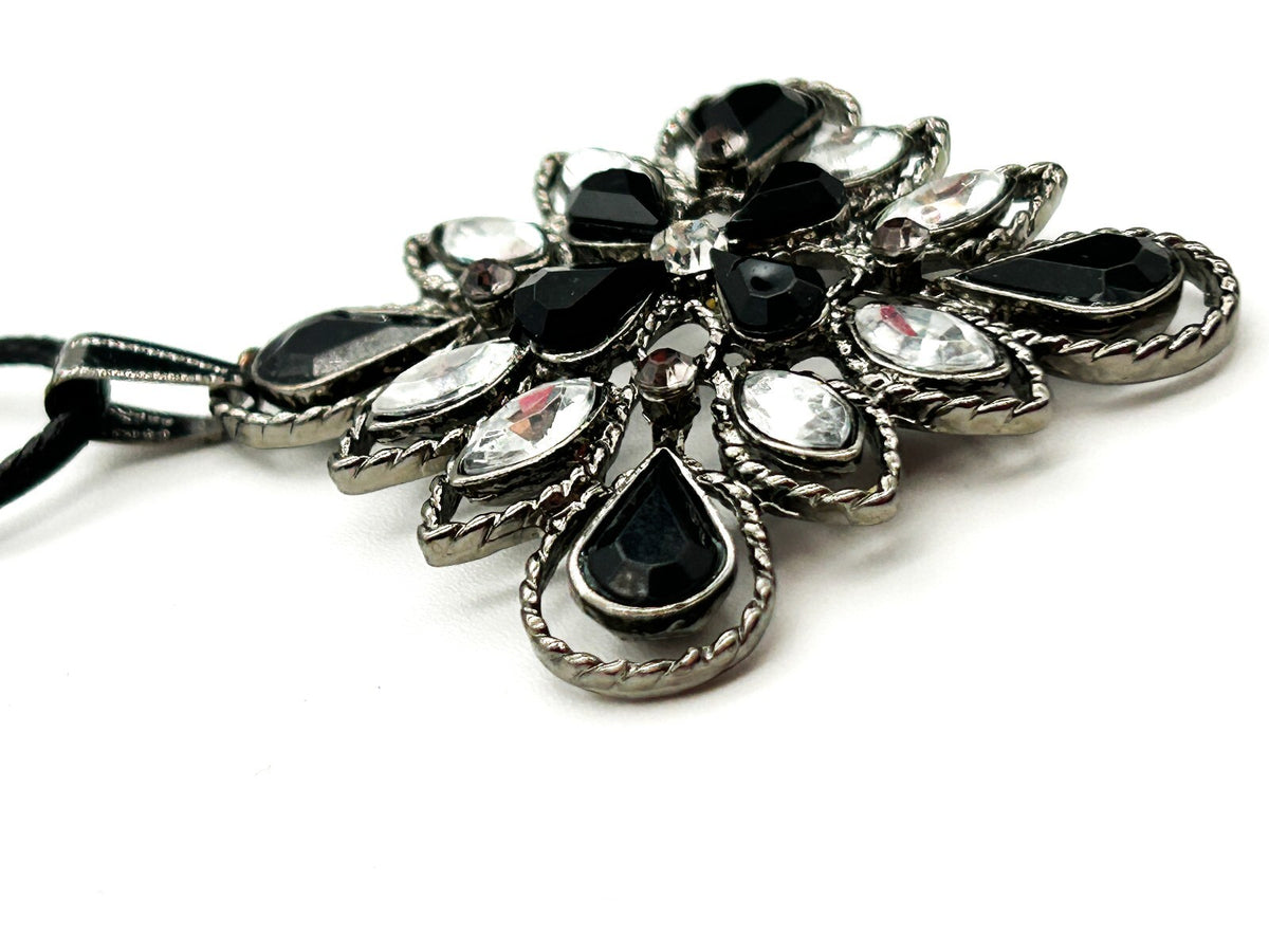 Gothic Black Clear Rhinestone Flower Pendant Necklace Gunmetal Floral Statement