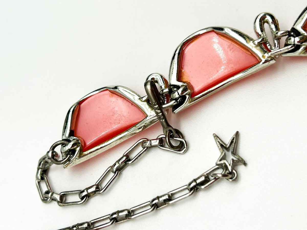 Vintage Star Signed Pink Thermoset Lucite Necklace 1950s Silver Tone Collar