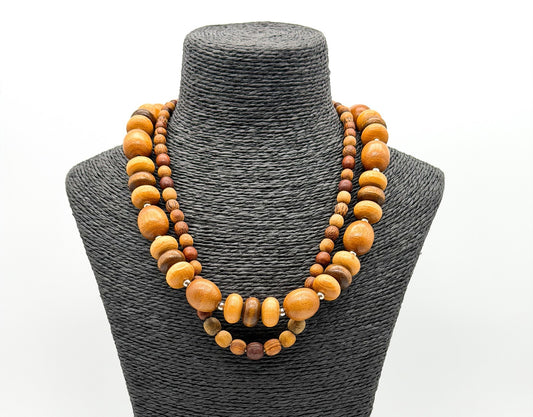 Boho Chunky Wooden Bead Necklace Bundle Layered Natural Wood Earthy Festival