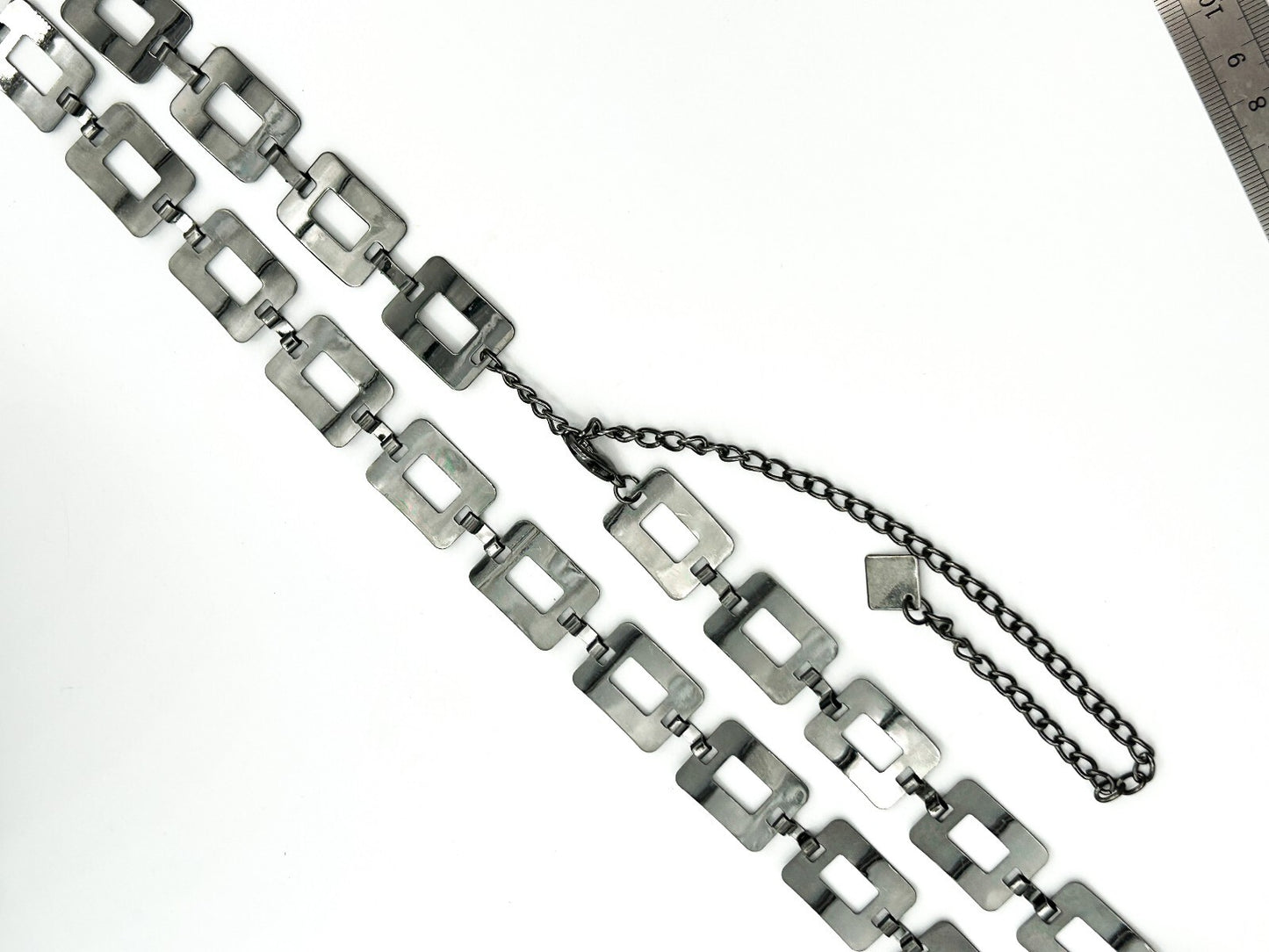Vintage 1990s Gunmetal Rectangular Link Belt Adjustable Chain Waist Belt
