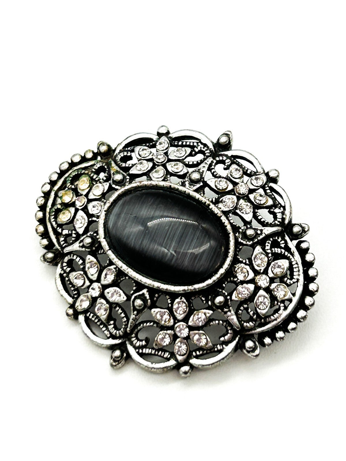 Vintage Style Ornate Cat’s Eye Brooch Grey Glass Cabochon Rhinestone Silver Tone